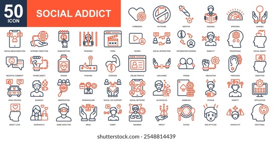 Conjunto de colecciones de icono de adicto social. Psicología, salud y medicina, salud mental, enfermedad mental, personas, icono de la red social. Vector de color de línea simple.