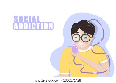 Social addiction, boy playing mobile phone, lifestyle relaxing, teenage student, people cartoon characters flat design, vector