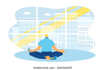 Social addiction concept. Young man sitting in lotus position and practicing meditation but distracted by phone and social media. Fomo scene. Guy addicted by mobile. Vector flat illustration.