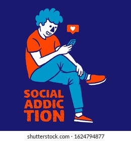 Social Addiction Vector illustration. Man with a Phone in his Hands. Concept social addiction and smartphone addiction on blue background isolated. Stock Vector Illustration. Cartoon style. 