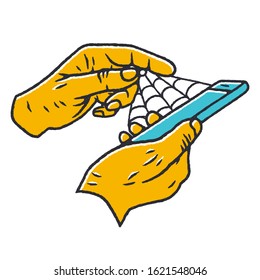 Social Addiction Vector illustration. Men or women use smartphone to communicate. Concept social addiction and smartphone addiction on white background isolated. Stock Vector Illustration. Hand Drawn.