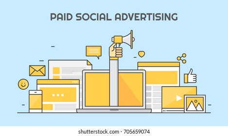 Social advertising, Paid content, Social media, sponsored post, hand with megaphone flat line vector banner illustration isolated on light blue background