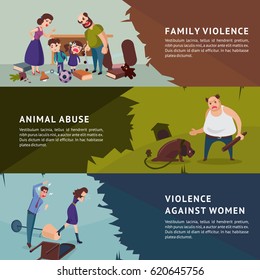 Social aggression horizontal banners with parents shouting at children animal abuse and violence against woman vector illustration