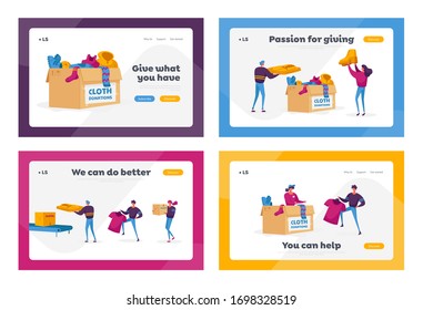 Social Altruism, Donation and Charity Landing Page Template Set. Characters Filling Boxes with Different Clothes for Poor People who Appears in Complicated Life Situation. Cartoon Vector Illustration