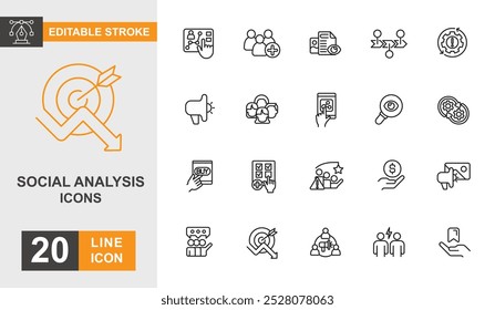 Conjunto de ícones de análise social. Ícone de planejamento, solução, sucesso, trabalho em equipe e mais linha. Ícone de traçado editável.