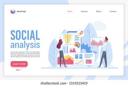 Social analysis landing page flat vector template. Web analytics website design layout. Sociological survey, research statistics webpage cartoon concept. Data visualization web page interface