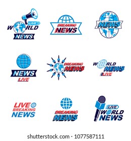 Social announcement logo, emblems and leaflets collection. Vector Earth, journalistic microphones and loudspeakers equipment composed with news, breaking news and world live news inscription.
