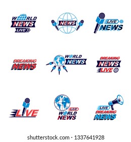 Social announcement logo, emblems and leaflets collection. Vector Earth, journalistic microphones and loudspeakers equipment composed with news, breaking news and world live news inscription.