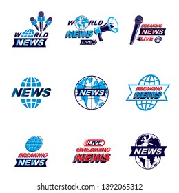 Social announcement logo, emblems and leaflets collection. Vector Earth, journalistic microphones and loudspeakers equipment composed with news, breaking news and world live news inscription.