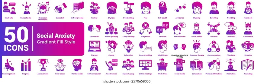 Social Anxiety 50 icon set in gradient fill style