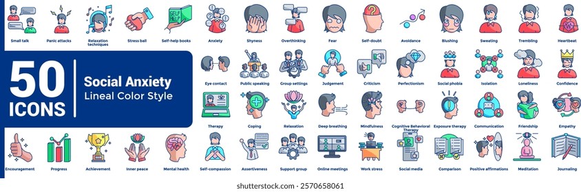 Social Anxiety 50 icon set in lineal color style