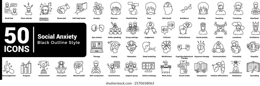 Social Anxiety 50 icon set in line style