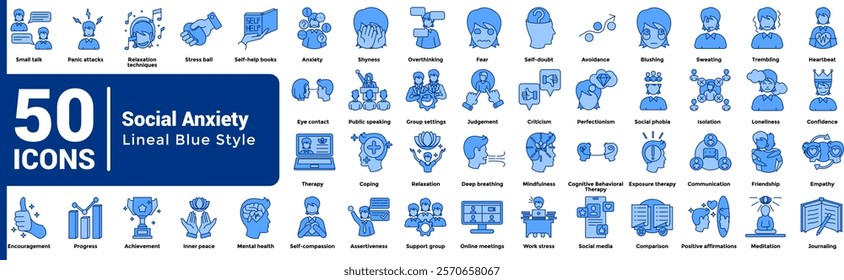 Social Anxiety 50 icon set in lineal blue style