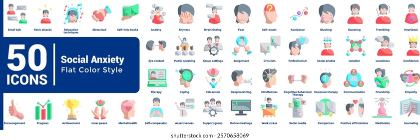 Social Anxiety 50 icon set in flat color style