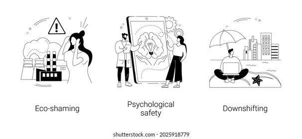 Abstraktes soziales Konzept, Vektorgrafik-Set. Öko-Shaming, psychologische Sicherheit, Abwärtsbewegung, einfaches Leben, minimaler Lebensstil, Flucht, Internet-Shaming, abstrakte Propaganda-Metapher.
