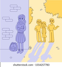Social anxiety, social phobia, teenager hiding behind wall