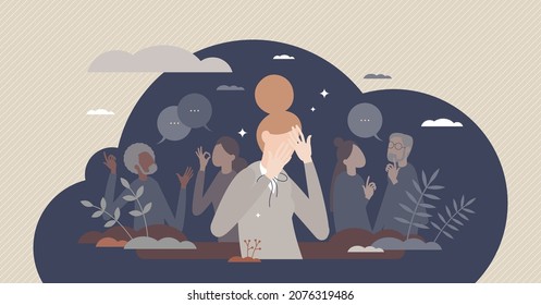 Social anxiety and psychological discomfort from crowd tiny person concept. Stress and awkward emotion in public place as emotional difficulty vector illustration. Mental concern feeling from audience