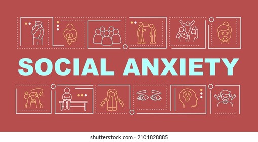 Social anxiety word concepts red banner. Mental illness. Infographics with linear icons on background. Isolated typography. Vector outline color illustration with text. Arial-Black font used