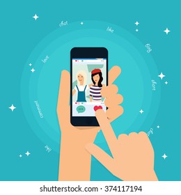 Social app concept on touchscreen. Human hand finger pressing like (love) button on a tablet with social media app. Social Network Vector Concept. Communication Systems and Technologies.