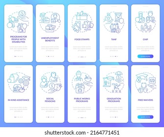 Social assistance blue gradient onboarding mobile app screen set. Walkthrough 5 steps graphic instructions pages with linear concepts. UI, UX, GUI template. Myriad Pro-Bold, Regular fonts used