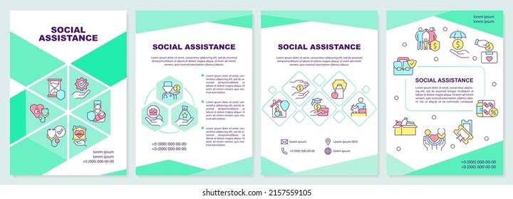 Social assistance brochure template. Services and programs. Leaflet design with linear icons. 4 vector layouts for presentation, annual reports. Arial-Black, Myriad Pro-Regular fonts used