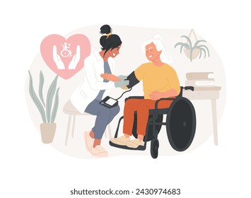 Social assistance isolated concept vector illustration. Social services workers, low income, care about seniors, volunteer help, home nursing, caregiver support, disabled person vector concept.