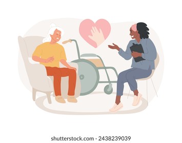 Social assistance isolated concept vector illustration. Social services workers, low income, care about seniors, volunteer help, home nursing, caregiver support, disabled person vector concept.