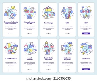 Social assistance onboarding mobile app screen set. Programs walkthrough 5 steps graphic instructions pages with linear concepts. UI, UX, GUI template. Myriad Pro-Bold, Regular fonts used