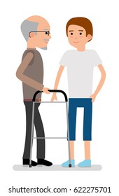 Social assistance. A young man helps an elderly man. Guy volunteer. Flat vector illustration