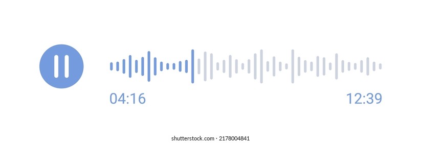 Social audio message. Podcast soundwave line. Sound wave of voice. Record music player. Equalizer icon with spectrum noise and pause button. Shape of mobile talk track. Vector illustration.