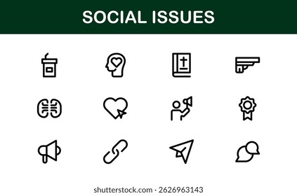 Pacote de Ícones de Consciência Social. Mínima Line Art para Ativismo, Diversidade e Projetos de Direitos Humanos