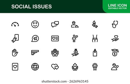 Pacote de Ícones de Consciência Social. Mínima Line Art para Ativismo, Diversidade e Projetos de Direitos Humanos