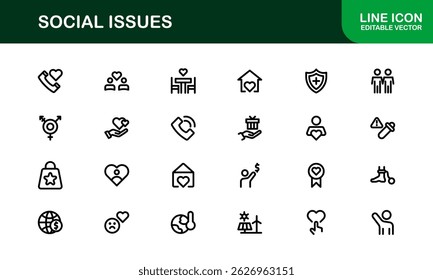 Pacote de Ícones de Consciência Social. Mínima Line Art para Ativismo, Diversidade e Projetos de Direitos Humanos