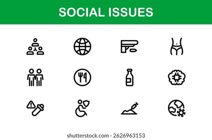 Pacote de Ícones de Consciência Social. Mínima Line Art para Ativismo, Diversidade e Projetos de Direitos Humanos