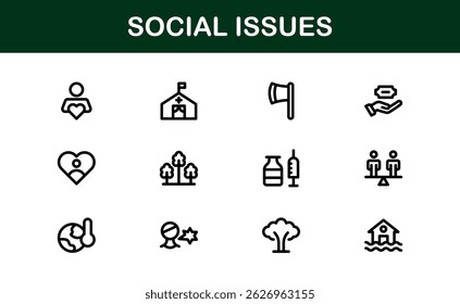 Pacote de Ícones de Consciência Social. Mínima Line Art para Ativismo, Diversidade e Projetos de Direitos Humanos
