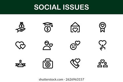Pacote de Ícones de Consciência Social. Mínima Line Art para Ativismo, Diversidade e Projetos de Direitos Humanos