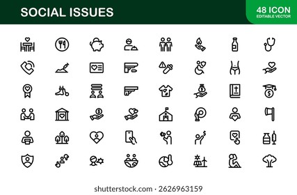 Pacote de Ícones de Consciência Social. Mínima Line Art para Ativismo, Diversidade e Projetos de Direitos Humanos