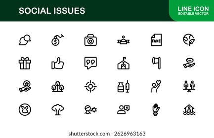 Pacote de Ícones de Consciência Social. Mínima Line Art para Ativismo, Diversidade e Projetos de Direitos Humanos