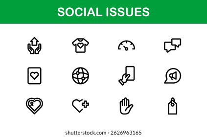 Pacote de Ícones de Consciência Social. Mínima Line Art para Ativismo, Diversidade e Projetos de Direitos Humanos