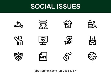 Pacote de Ícones de Consciência Social. Mínima Line Art para Ativismo, Diversidade e Projetos de Direitos Humanos