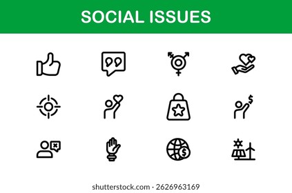 Pacote de Ícones de Consciência Social. Mínima Line Art para Ativismo, Diversidade e Projetos de Direitos Humanos