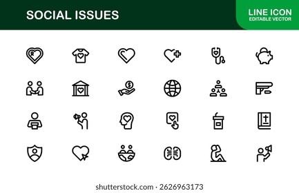 Pacote de Ícones de Consciência Social. Mínima Line Art para Ativismo, Diversidade e Projetos de Direitos Humanos