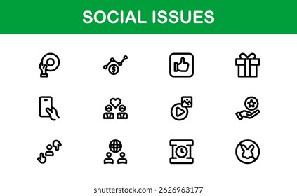 Pacote de Ícones de Consciência Social. Mínima Line Art para Ativismo, Diversidade e Projetos de Direitos Humanos