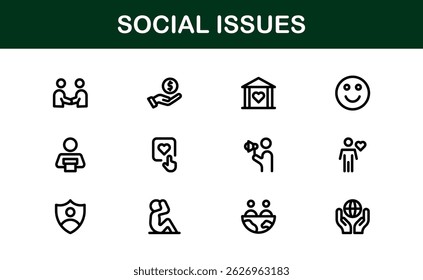 Pacote de Ícones de Consciência Social. Mínima Line Art para Ativismo, Diversidade e Projetos de Direitos Humanos
