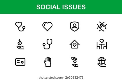 Pacote de Ícones de Consciência Social. Mínima Line Art para Ativismo, Diversidade e Projetos de Direitos Humanos