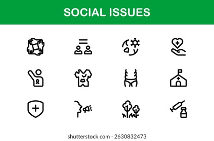 Pacote de Ícones de Consciência Social. Mínima Line Art para Ativismo, Diversidade e Projetos de Direitos Humanos