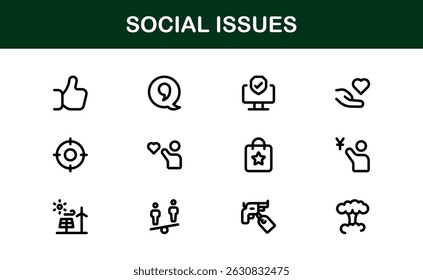 Pacote de Ícones de Consciência Social. Mínima Line Art para Ativismo, Diversidade e Projetos de Direitos Humanos