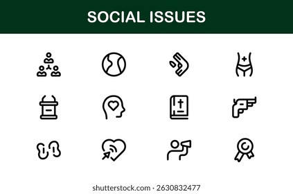 Pacote de Ícones de Consciência Social. Mínima Line Art para Ativismo, Diversidade e Projetos de Direitos Humanos