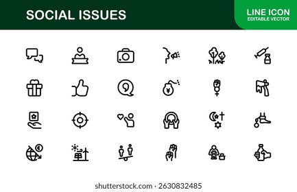 Pacote de Ícones de Consciência Social. Mínima Line Art para Ativismo, Diversidade e Projetos de Direitos Humanos