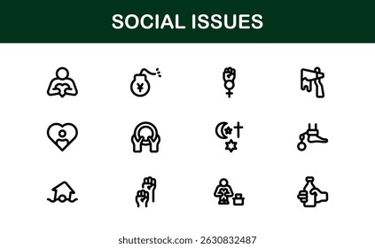 Pacote de Ícones de Consciência Social. Mínima Line Art para Ativismo, Diversidade e Projetos de Direitos Humanos